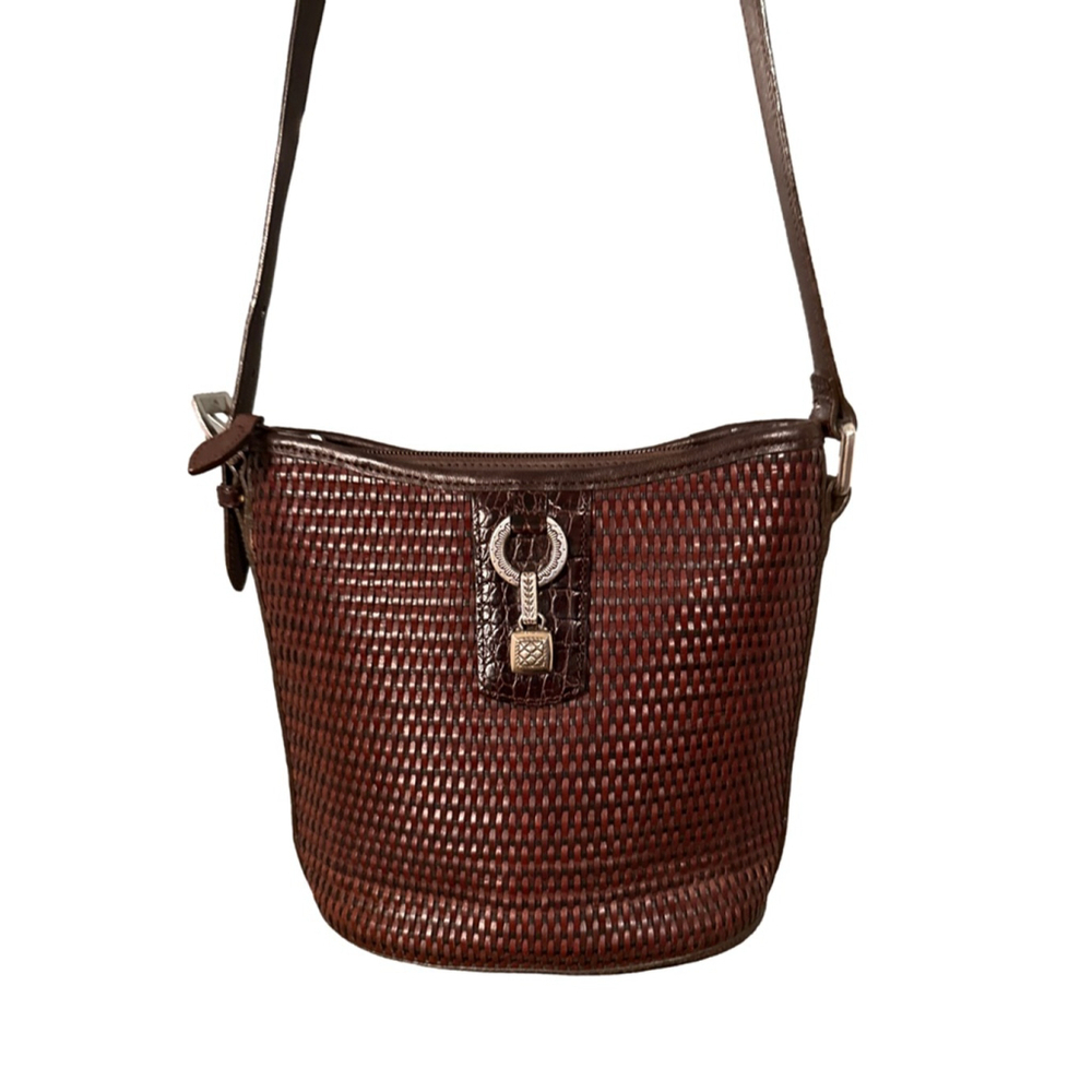 Brighton Crossbody Bag Brown Woven Leather Croc-Embossed Accents Silver Hardware